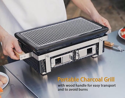 ONLYFIRE GRILLS Charcoal BBQ Hibachi Grill with Grid Lifter, Portable Yakitori Grill with Stainless Steel Grate, Barbecue Stove for Outdoor Camping Picnic Patio Backyard Cooking, GS306