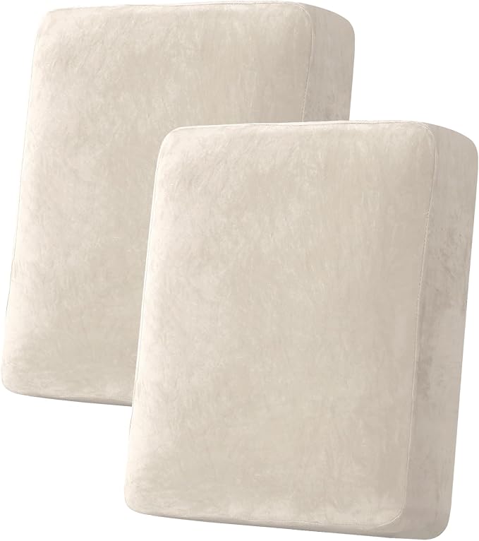 H.VERSAILTEX Velvet Stretch Couch Cushion Cover Plush Cushion Slipcover for Chair Loveseat Sofa Cushion Furniture Protector Seat Cushion Sofa Cover (2 Piece Medium Sofa Cushion Covers, Ivory)