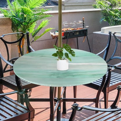 Fitted Round Tablecloth with Umbrella Hole and Zipper Green Stripes Texture Outdoor Elastic Table Cloth 45"-56" Oil-Proof Waterproof Gradient Patio Table Cover for Party Outdoor