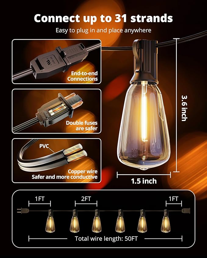 VIPAR String Lights Outdoor 50FT LED Patio Lights Outdoor Waterproof with 25+2 Shatterproof ST38 Edison Bulbs, Outside Hanging Light for Porch, Garden, Backyard, Deck, Balcony, Decor, 2700K Dimmable