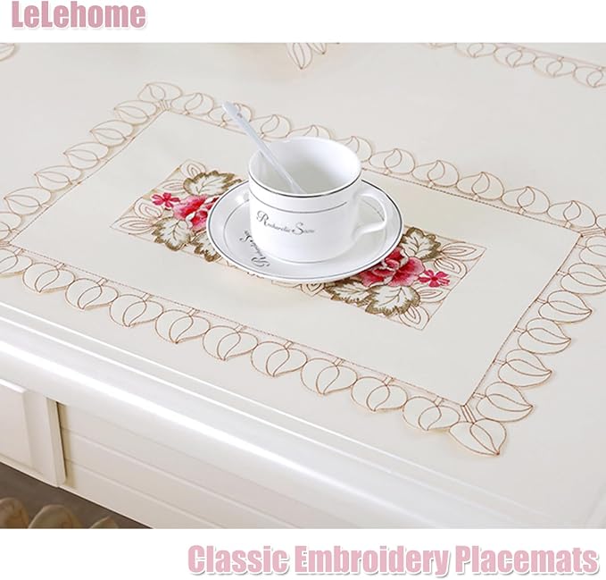 LeLehome Set of 4 Flower Embroidered Placemats, Oblong White Leaves Rose Lunchmats Place Mats, Home Kitchen Dining Restaurant Party Indoor Decor Table Mats, 18 Inch X 12 Inch