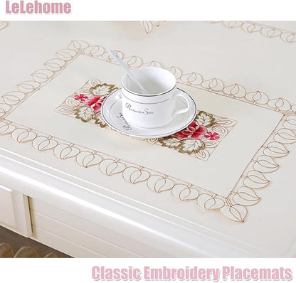 LeLehome Set of 4 Flower Embroidered Placemats, Oblong White Leaves Rose Lunchmats Place Mats, Home Kitchen Dining Restaurant Party Indoor Decor Table Mats, 18 Inch X 12 Inch
