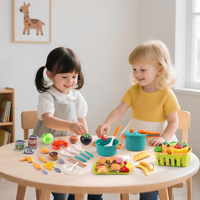 120Pcs Mini Play Kitchen Accessories, Kids Pretend Cooking Playset with Desserts, Cuttable Veggies & BBQ & Storage Basket, Educational Role-Play Gift for Toddlers, Child, Green