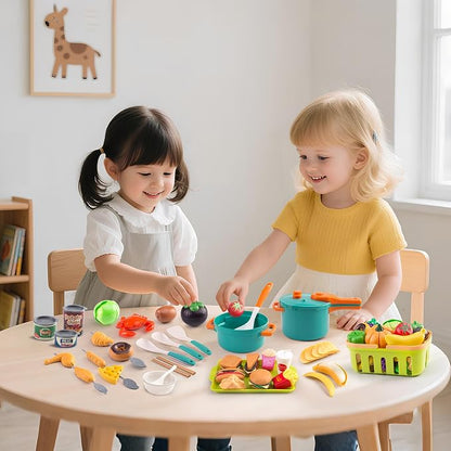 120Pcs Mini Play Kitchen Accessories, Kids Pretend Cooking Playset with Desserts, Cuttable Veggies & BBQ & Storage Basket, Educational Role-Play Gift for Toddlers, Child, Green
