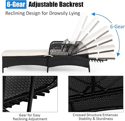Tangkula Wicker Chaise Lounge Outdoor Set of 2, Patio Rattan Reclining Chaise with 6-Gear Adjustable Backrest, Thick Padded Cushion & Removable Lumbar Pillow, Pool Lounge Chairs for Outside Balcony