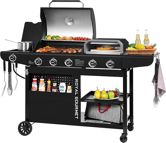 ZH3004H Premium Gas Grill and Pizza Oven Combo with Side Burner, 59,000 BTU, 768 Square Inches of Grilling Area, Automatic Ignition, Perfect for Backyard, Patio and Outdoor Parties, Black
