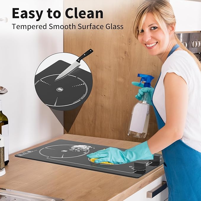GIHETKUT Electric Cooktop,110V 2100W Stove top,9 Power Levels, Kids Lock & Timer, Hot Surface Indicator, Overheat Protection,knob and touch control 2 burner Electric cooktop