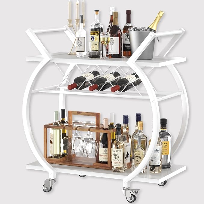 LVB White Bar Cart, Modern Rolling Serving Wine Cart with Storage for Home | Coffee Liquor Drink Cart with Wheels, Wood and Metal Kitchen Microwave Beverage Cart, Drink Liquor Cart for Dining Room
