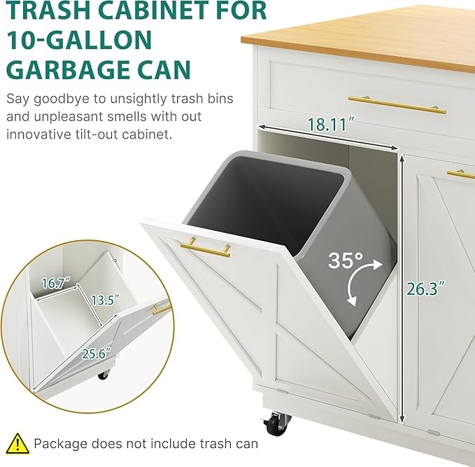 YITAHOME Mobile Storage Islands, Double Tilt Out Trash Cabinet with Power Outlet, Hidden Trash Cabinet Fit 20-Gallon Bin