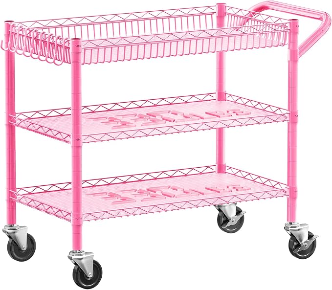 YNN Pink Rolling Cart, 990Lbs 3 Tier Heavy Duty Metal Cart with Wheels & Handle NSF Wheeled Cart 31" D x 18" W x 33" H for Bedroom, Bathroom, Kitchen,Garden,Decor,Serving