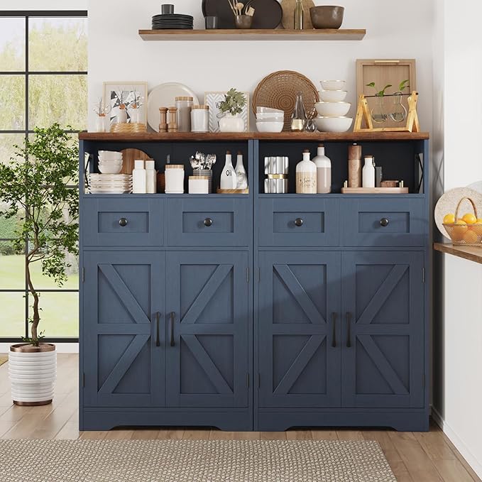 Befrases Farmhouse Blue Storage Cabinet with Barn Doors and Drawers, Small Freestanding Kitchen Pantry Cabinet, Hutch Cupboard for Kitchen, Laundry, Living Room,Bathroom