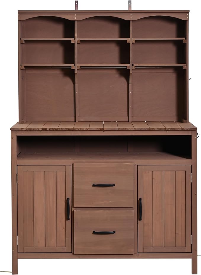 Merax 45.3" Large Outdoor Fir Wood Potting Bench with Storage, Multi-Functional Patio Kitchen Island with 6-Shelf Hutch+2 Cabinets+2 Drawers+3 Hooks, Garden Workstation for Planting, Gardening, Brown