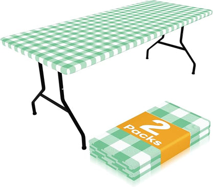 Smiry Picnic Table Cloth 2 Pack, Waterproof Elastic Fitted Tablecloths for 4FT Rectangle Tables, Washable Polyester Buffalo Plaid Tablecloth for Camping & Outdoor (Sage Green & White, 30" x 48")
