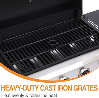 4 Burner Propane Gas Grill, Portable BBQ Grill with Cast Iron Grate & Griddle Pan, Folding Side Table for Camping Backyard, 40000 BTU Easy-Clean Outdoor Cooking