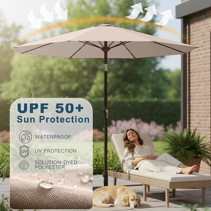 9' Solar LED Patio Umbrella with Tilt & Crank|8 Sturdy Ribs,UV Protection,Outdoor Market Table Umbrella for Deck,Lawn,Pool,Backyard(Beige)
