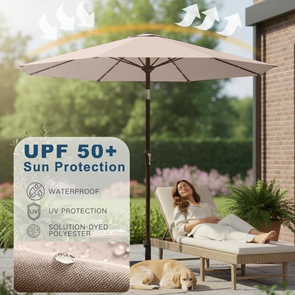 9' Solar LED Patio Umbrella with Tilt & Crank|8 Sturdy Ribs,UV Protection,Outdoor Market Table Umbrella for Deck,Lawn,Pool,Backyard(Beige)