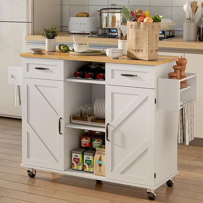 knoworld 51.5'' Rolling Kitchen Island with Storage Cabinet & Drawers, Drop Leaf Kitchen Cart on Wheels, Farmhouse Portable Mobile Islands, Large Butcher Block Table with Tower/Spice Rack, White