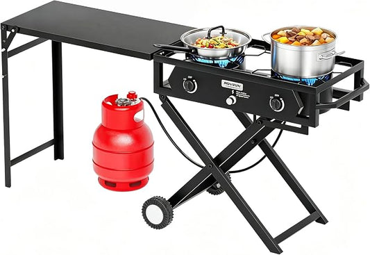 ROVSUN 2 Burner Outdoor Camping Stove with Side Table, Portable Propane Burner, Gas Cooker with Foldable Leg & CSA Regulator for Home Camp Paito Cooking Frying Canning