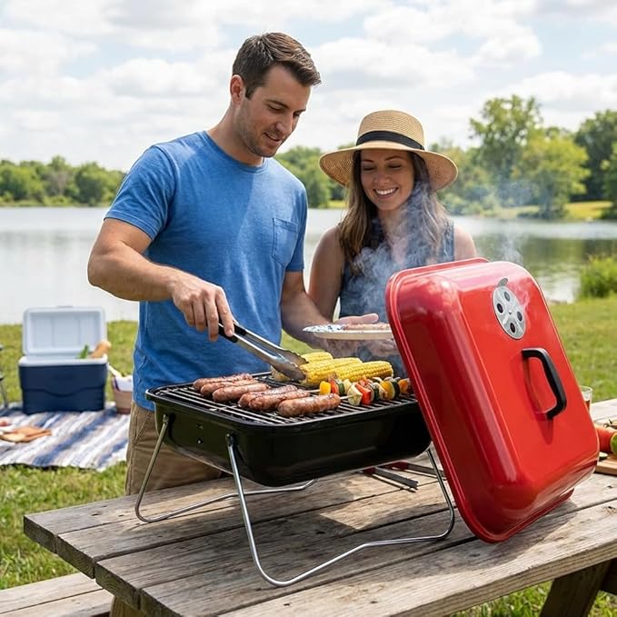 Portable Charcoal Grill, Outdoor Tabletop BBQ Grill, Compact Folding Barbecue Smoker with Lid for Backyard Camping Picnics Beach, Small Charcoal Grill with Ventilated Cooking Chamb