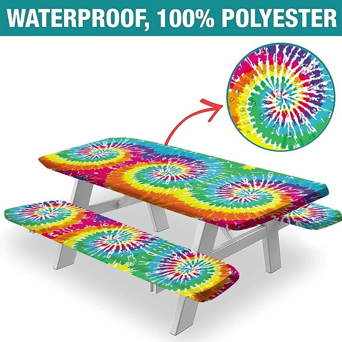 Rainbow Picnic Tablecloth and Bench Cover, 3 Piece Set, Digital Spiral Colored Psychedelic Fitted Table Cloths for Indoor Outdoor, Party, Patio Use, 72x28 in