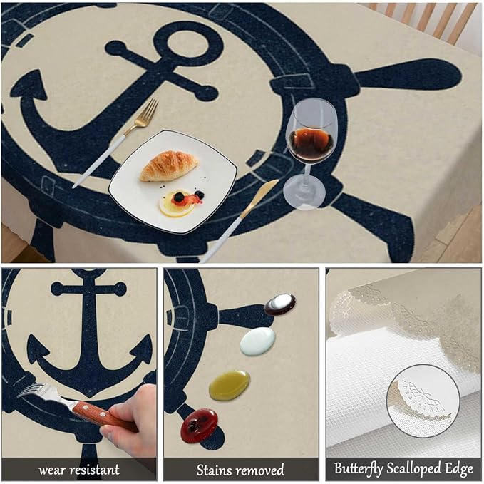 Swono Rudder Table Cover Vintage Marine Ship Wheel Sailing Anchor Ocean 50x72 Inch Table Cloth for Rectangle Tables Buffet Parties Coffee BBQ and Dinning Tablecloth
