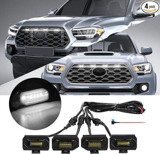 4 Pcs Grille Lights Compatible with Toyota Tacoma 2020 2021 2022 2023 TRD Off Road and Sport Models, OEM Style LED Front Grill Lights for Tacoma Accessories with Fuse & Harness (White)