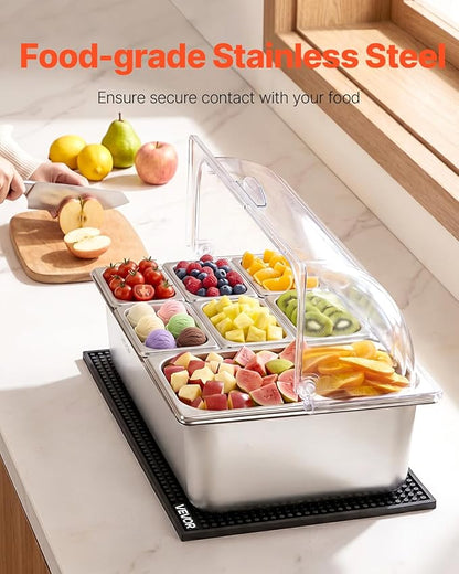 VEVOR Countertop Food Serving Display Container, Stainless Steel Food Salad Server Tray, Buffet Condiment Dispenser, Ice Cooled Rack with Clear Roll Top Cover, for Restaurant Hotel (1x1/3+6x1/9 Pan)