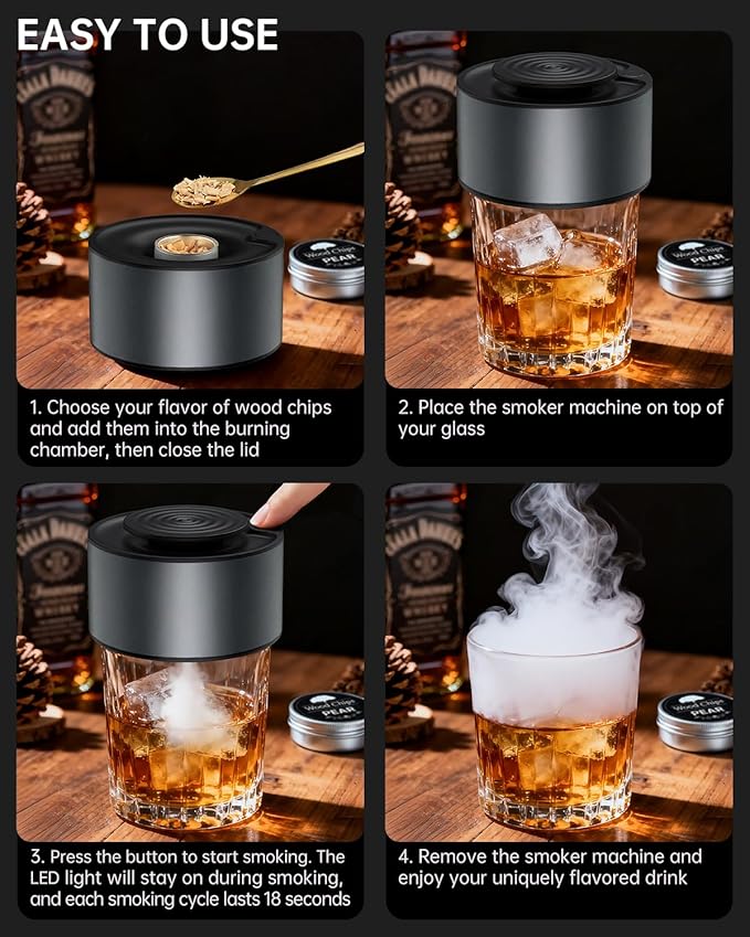 Electric Whiskey Smoker Kit, Rechargeable Bourbon Smoker Kit with 6 Flavors of Natural Wood Chips, Drink Smoker Infuser Kit Cocktail Idea Christmas Birthday Gifts for Men Husband Dad Him