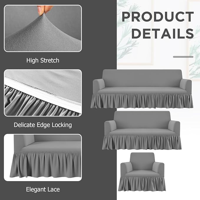 Fanfanwin 3 Pcs Sofa Slipcover Set for Couch Cushion Durable Washable High Elastic Stretchable Furniture Couch Covers with Skirt for Sofa Loveseat Arm Chair(Gray,Milk Silk)