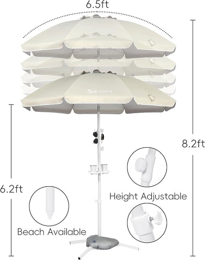 Seazul 6.5ft Sun Shade Umbrella, Portable Umbrella with Stand for Sports, Water Weight Bag, Adjustable and Lightweight, Sun Protection, Khaki
