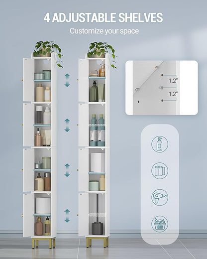 Hzuaneri 4-Tier Narrow Tall Storage Cabinet, Slim Bathroom Storage Cabinet with 4 Adjustable Feet and Shelves, Bathroom Organization for Small Space, Kitchen, Living Room, Laundry Room White BC42213G