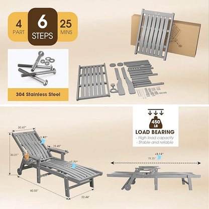 THOEOE Patio Chaise Lounge Chair, Oversized Lounge Chair Outdoor with 5 Positions, 78″Long, HDPE, Patio Lounge Chair with Wheels & Cup Holder for Pool, Deck, Poolside,Grey