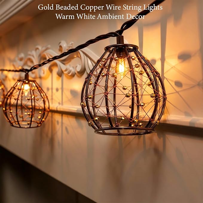 2 Pack Decorative String Lights, 8.5ft with 10 Gold Beaded Copper Wire Lanterns, UL Certified Connectable Fairy Lights for Indoor & Outdoor Porch, Garden, Patio, Wedding Decor
