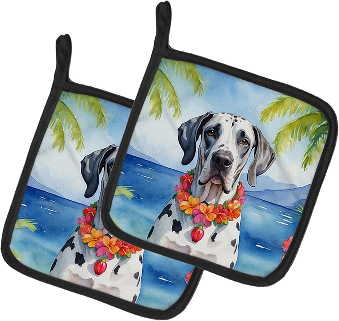 Caroline's Treasures Great Dane Luau Pair of Pot Holders Kitchen Heat Resistant Pot Holders Sets Oven Hot Pads for Cooking Baking BBQ, 7 1/2 x 7 1/2