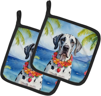 Caroline's Treasures Great Dane Luau Pair of Pot Holders Kitchen Heat Resistant Pot Holders Sets Oven Hot Pads for Cooking Baking BBQ, 7 1/2 x 7 1/2