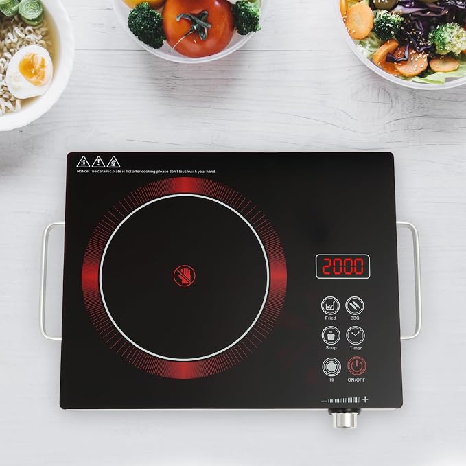 DYNAMI 1300W Electric Cooktop with LED Display and Timer,Electric Ceramic Stove Top,Countertop Stove w/Steplessly Adjustable Power,Overheat Protection,Waterproof and Oil-resistant,with Plug