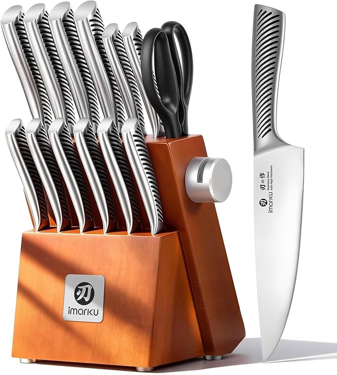 imarku 14-Piece Knife Set, Japanese Stainless Steel Knives Set for Kitchen, Full-Tang Gyutou Knife Sets with Block and Build-in Sharpener, Brown, Dishwasher Safe, House Warming Gifts for Men