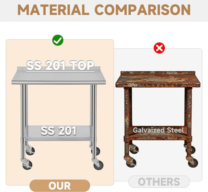 ROCKPOINT All Stainless Steel Prep Table with Caster & Backsplash 24x30 Inch，Commercial Heavy Duty Workbench with Stainless Legs & Adjustable Undershelf,710 lb Capacity for Outdoor Kitchens with Wheel
