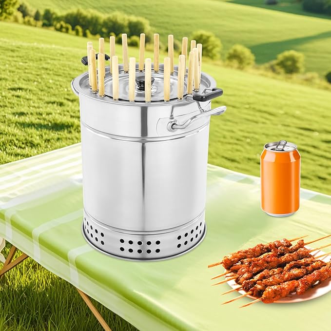 Surround Charcoal Grill, 2-In-1 Stainless Steel Smokeless Barbecue Hanging Grill with 20 Skewers, for Camping, Picnics, Parties, Beaches (Within 6 People)