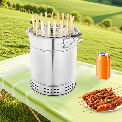 Surround Charcoal Grill, 2-In-1 Stainless Steel Smokeless Barbecue Hanging Grill with 20 Skewers, for Camping, Picnics, Parties, Beaches (Within 6 People)