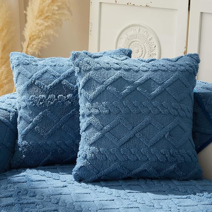 vctops Pack of 2 Geometric Jacquard Plush Throw Pillow Covers for Couch Bed Sofa Farmhouse Neutral Solid Color Soft Cushion Covers (Dark Blue B,18"x18")