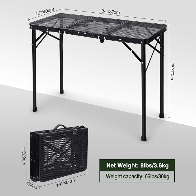 REDCAMP Triple Foldable Grill Table, 34x16 Inches Outdoor Camping Table | 3 Heights Adjustable, Lightweight Metal Frame, Portable Foldable Design, For Picnic BBQ Cooking Outdoor Use