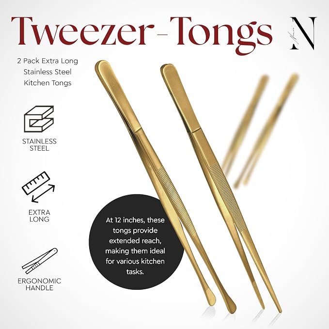 Namre 2 Pcs 12" Kitchen Cooking Tweezer Tongs Set: 18/10 Stainless Steel Food-Grade Metal Food Tong, Seamless-Welding, Sturdy and Non-Slip for Serving, Grilling, Frying (Round & Pointed Tip) Gold