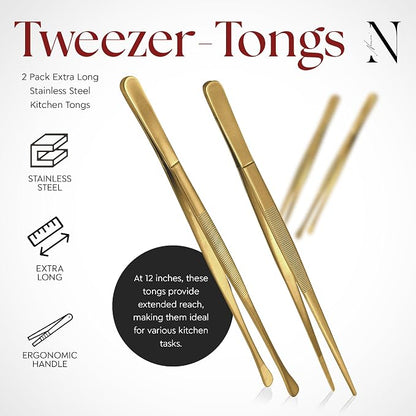 Namre 2 Pcs 12" Kitchen Cooking Tweezer Tongs Set: 18/10 Stainless Steel Food-Grade Metal Food Tong, Seamless-Welding, Sturdy and Non-Slip for Serving, Grilling, Frying (Round & Pointed Tip) Gold