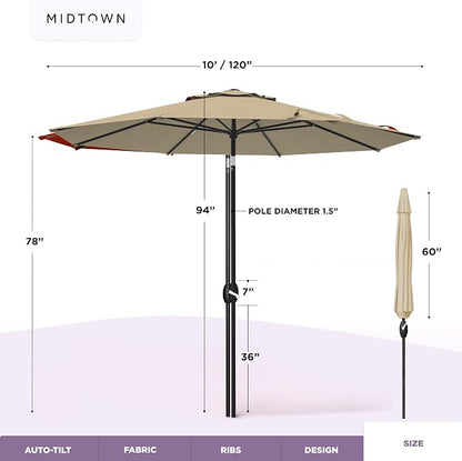 Midtown Umbrellas - 10-Year-No-Fade 10 Ft Patio Umbrella with Terylast Fabric, Auto-Tilt Aluminum Frame and 8 Reinforced Ribs for Deck, Pool, Garden & Beach - Chestnut Beige Canopy, Black Pole