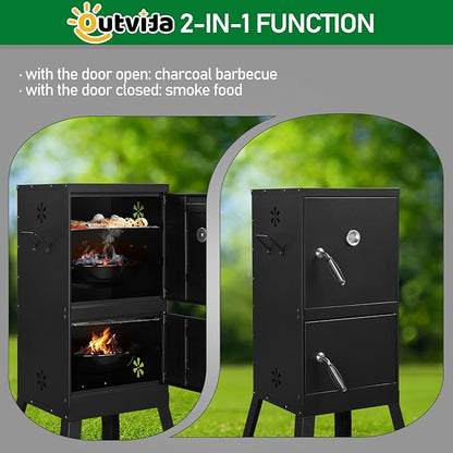40" Portable Charcoal Grill,Metal Outdoor Barbecue Smoker,Heavy Duty Outdoor BBQ Grill,Portable Vertical Camping Barbecue Grill,with Doors & Thermometer,for Garden Patio Beach Backyard (Black)