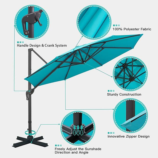 Sunnyglade 11Ft Cantilever Patio Umbrella Deluxe Offset Umbrella 360°Rotation & Integrated Tilting System Heavy Duty Patio Hanging Umbrella for Market Garden Deck Pool Backyard Patio (Blue, 11 ft)