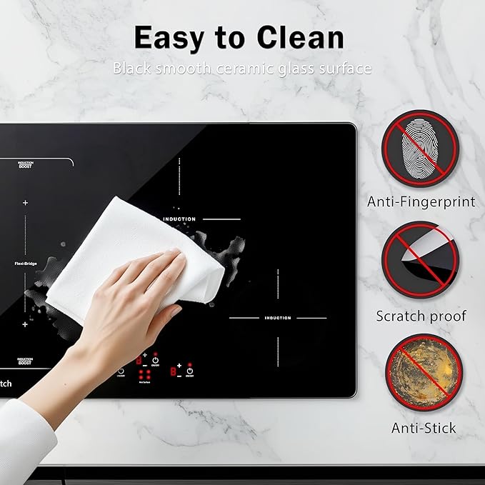 30 Inch Induction Cooktop - 4 Burner Built-In Electric Stove with Bridge-SYNC, Booster, Timer & Child Lock | 9000W 220-240V Hardwired, Black Glass Top