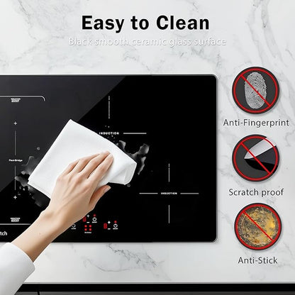 30 Inch Induction Cooktop - 4 Burner Built-In Electric Stove with Bridge-SYNC, Booster, Timer & Child Lock | 9000W 220-240V Hardwired, Black Glass Top