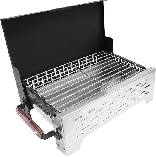Portable Charcoal Grill, Foldable BBQ Grill Frame, Mini Tabletop Barbecue Grill for Outdoor Camping Backyard Party BBQ Cooking, Insulated Bottom, One-Piece Windbreak Cover, Four-Sided Ventilation